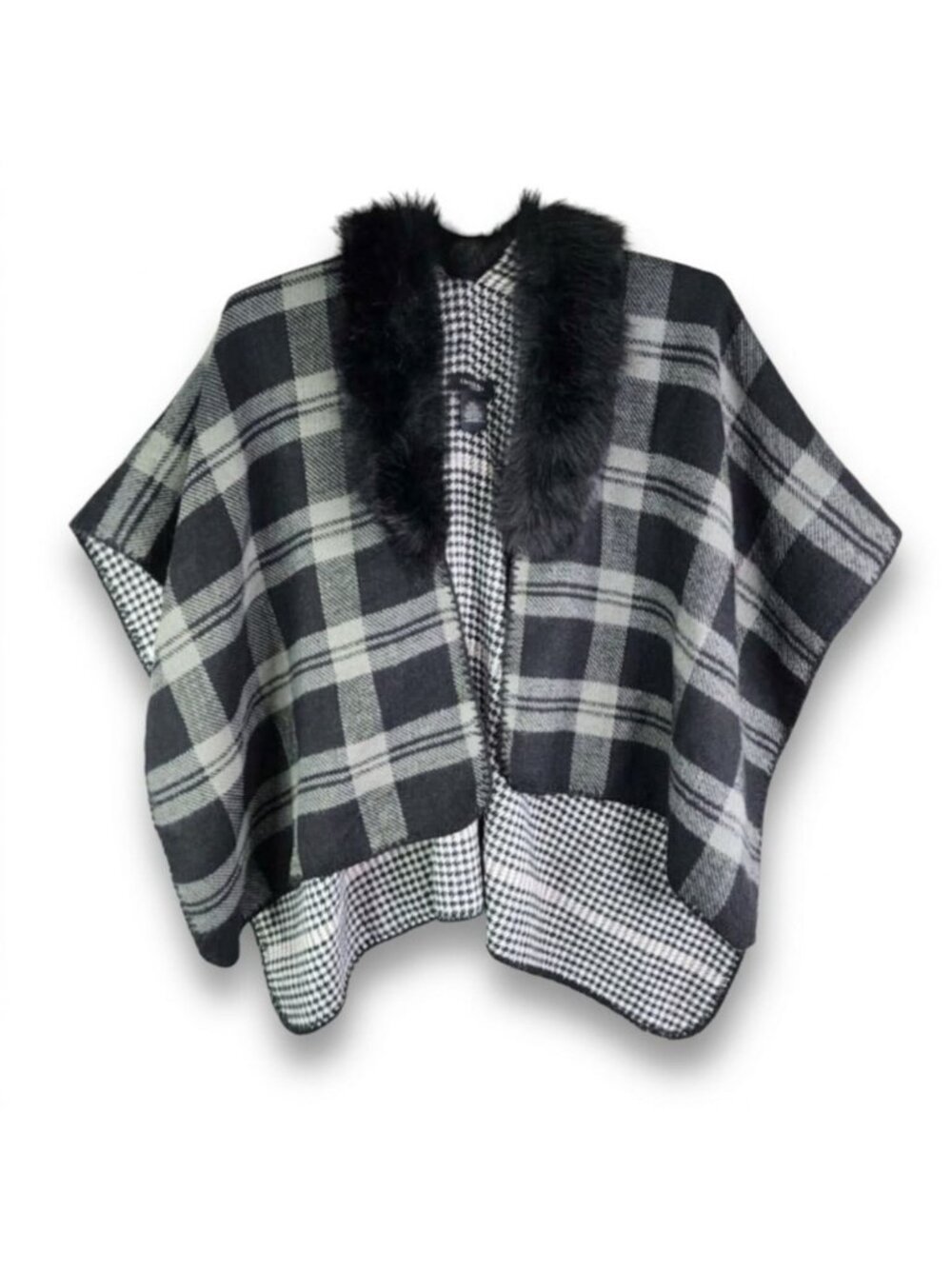 Womens Marcus Adler Faux Fur Collar Black Gray Plaid Poncho Wrap Shawl Cape OSFM